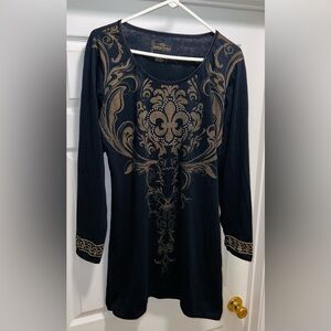 Emerson Street Black and Gold Long Sleeve Fleur De Lis Tunic/Dress! Size Large.